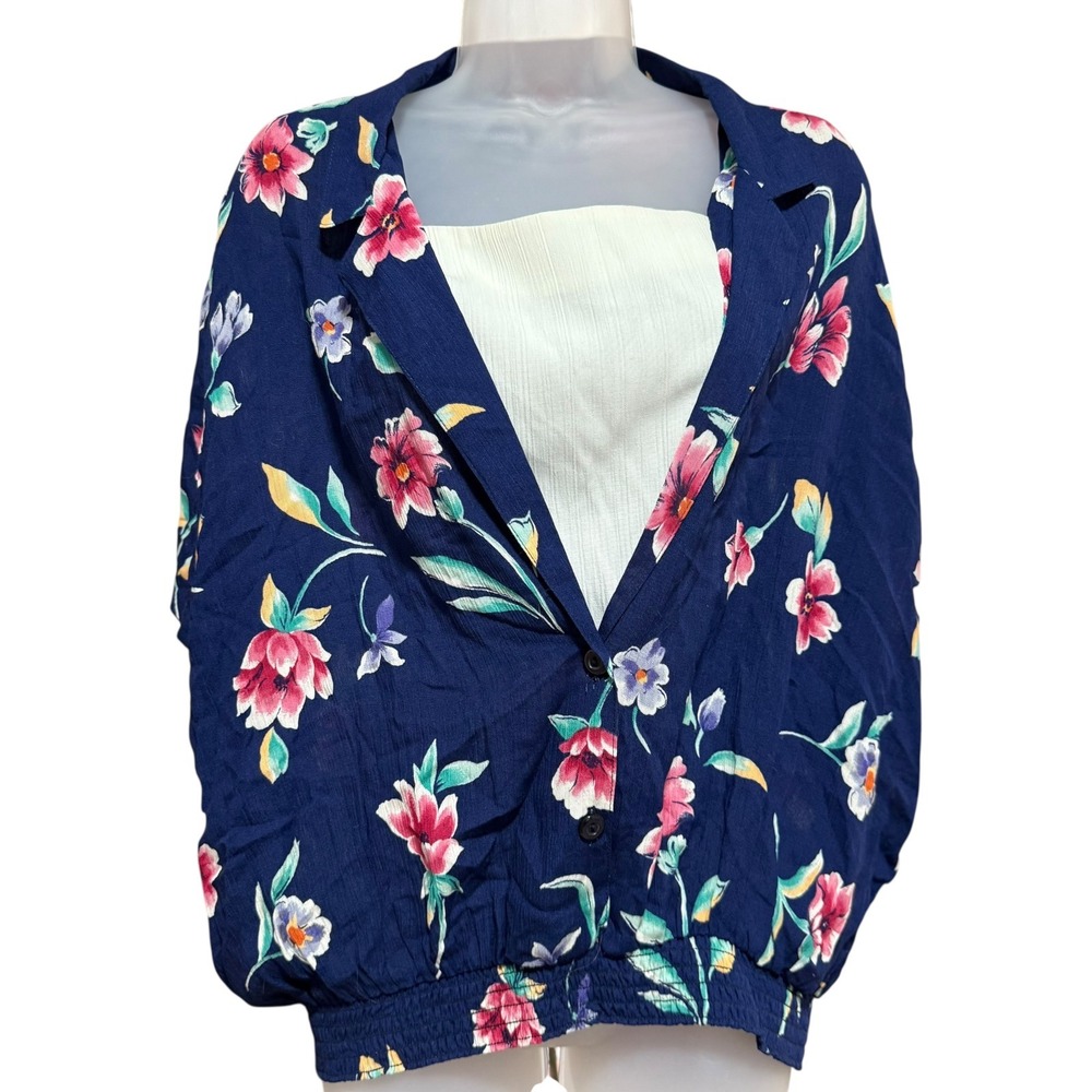 Jaclyn‎ Smith Floral Blouse Women Large Navy Blue NEW Smocked Waist Layered Look - Picture 2 of 7